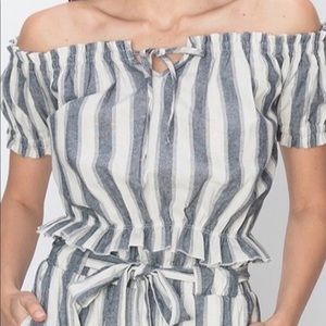 Favlux Blue White Stripe Off-The-Shoulder Crop Top Sz L